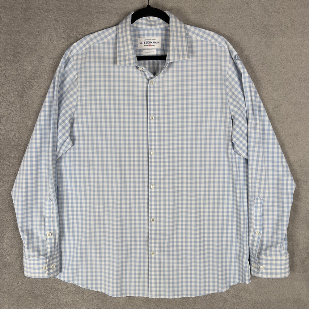 Mizzen+Main Leeward Button Up Shirt‎ Men's 2XL Trim Fit Light Blue Gingham Check